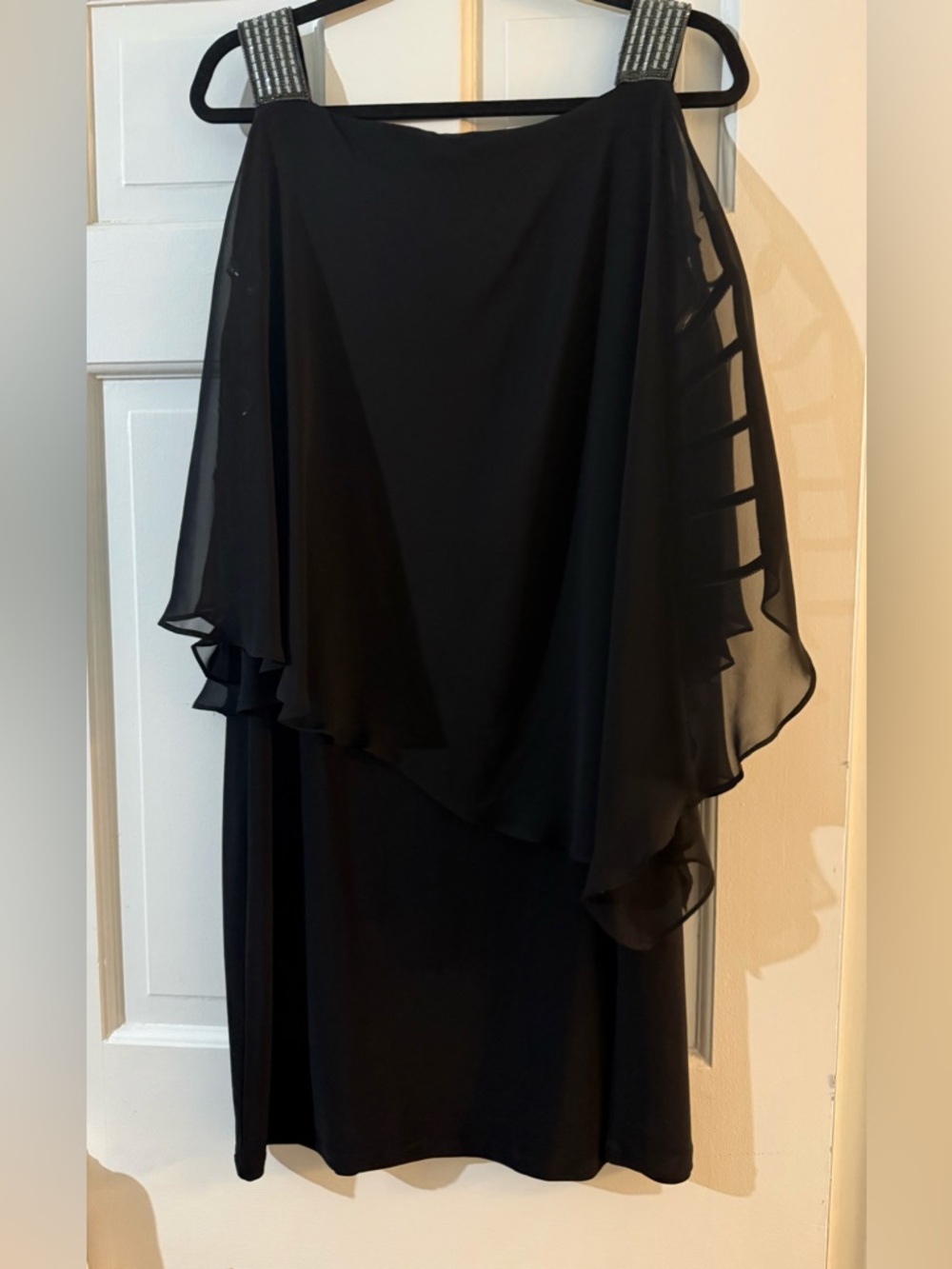 Jersey Sheath Dress with Asymmetric Chiffon Capelet